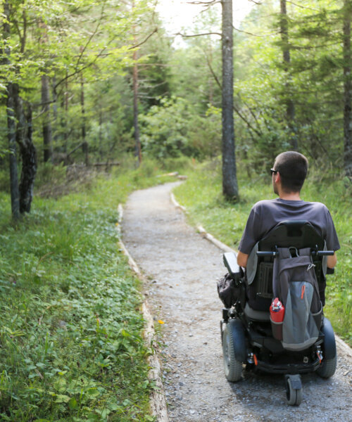 Happy man on wheelchair in nature. Exploring forest wilderness on an accessible dirt path in Logar valley, Slovenia.