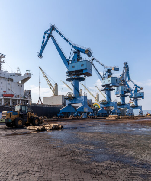 Cranes and trucks at the port are carrying goods