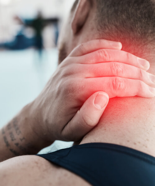 Neck pain, sport injury and person with fitness, muscle tension
