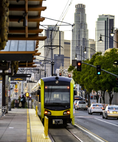 Los Angeles skyline with train coming