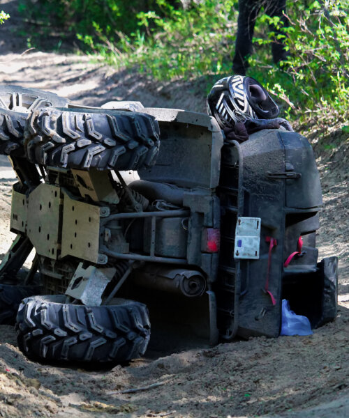A quad on its side after it has been accidentally flipped.