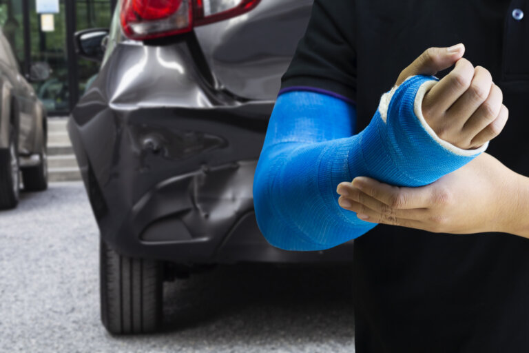Close up man hand holding blue bandage as arm injury