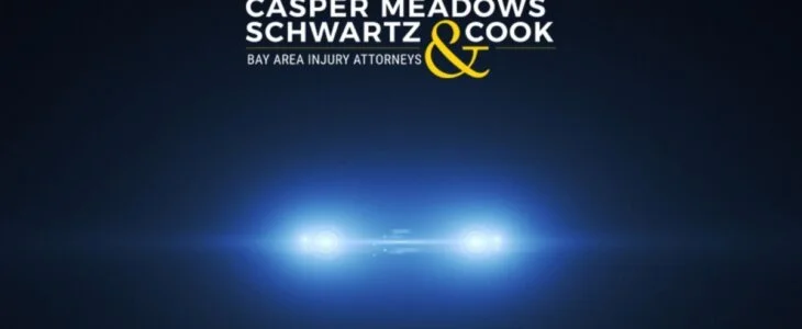 A dark background with car headlights shining brightly, accompanied by the logo of Casper Meadows Schwartz & Cook, Bay Area Injury Attorneys.