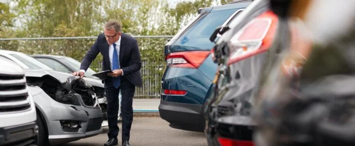 A man in a suit inspects a damaged car with a clipboard, likely assessing the accident for insurance or legal purposes.