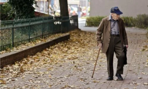 An elderly man walking with a cane on a sidewalk covered with autumn leaves, wearing a hat and a brown coat, with a fence and trees in the background.