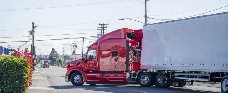 A red semi-truck with a white trailer making a wide turn on a city street, with power lines and greenery lining the road.