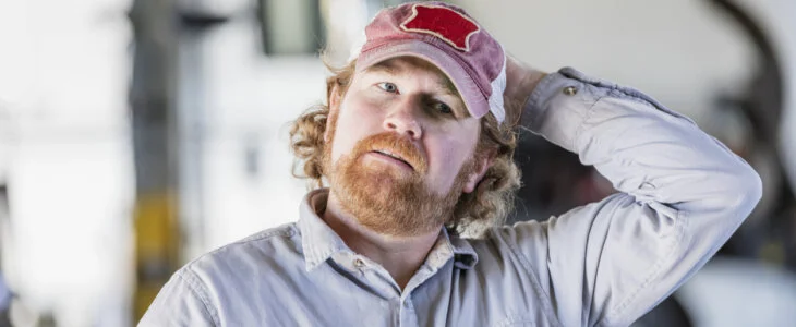 A man with a red beard and cap scratching his head, appearing uncertain or deep in thought.