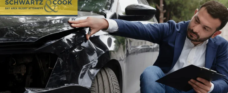 A man in a suit inspects damage on a black car while holding a clipboard, branded with Casper Meadows Schwartz & Cook injury attorneys logo.