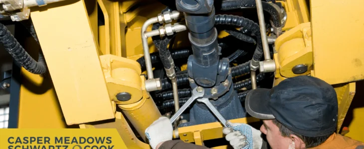 A worker repairing heavy machinery with wrenches, surrounded by hydraulic pipes, branded with Casper Meadows Schwartz & Cook injury attorneys logo.