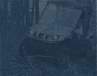 Off-road utility vehicle parked among trees in a wooded area