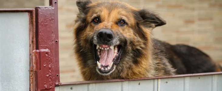 Scary long haired brown and black dog with teeth showing