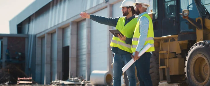 Engineer, construction and team talking with tablet outdoors